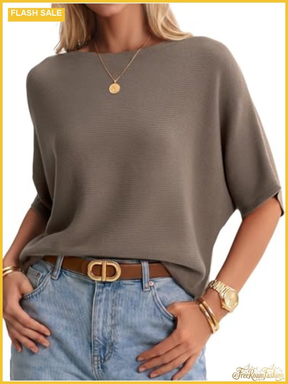 Oversized Batwing Sleeve Cotton Sweater Boat Neck Pullover